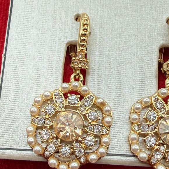 Marchesa Gold-Tone Crystal & Imitation Pearl Flower Double Drop Earrings - Picture 8 of 13